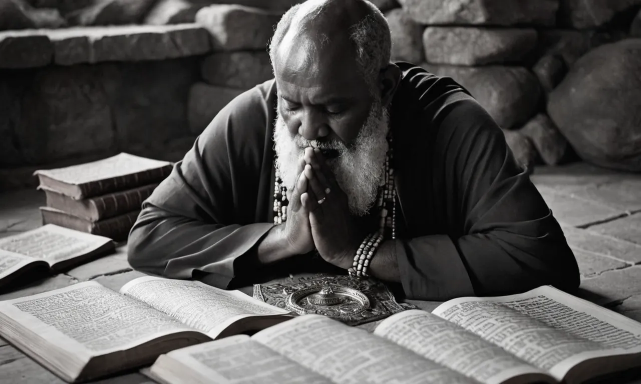 A black and white photo of a Levite, deep in prayer, surrounded by ancient scriptures and artifacts, capturing the profound devotion and divine purpose behind God's choice of the Levites.