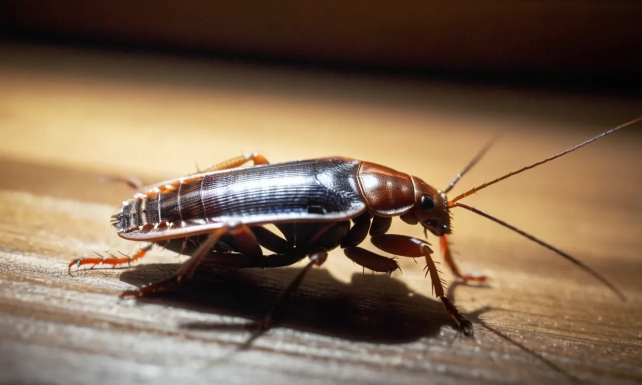 A close-up photo capturing a single cockroach, illuminated by a beam of light, emphasizing its intricate exoskeleton, provoking contemplation on the purpose behind God's creation.