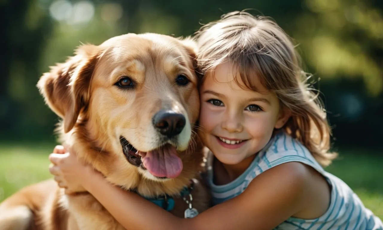 A heartwarming photo captures a child, eyes filled with pure joy, hugging their loyal dog tightly, exemplifying the unconditional love and companionship dogs bring into our lives.