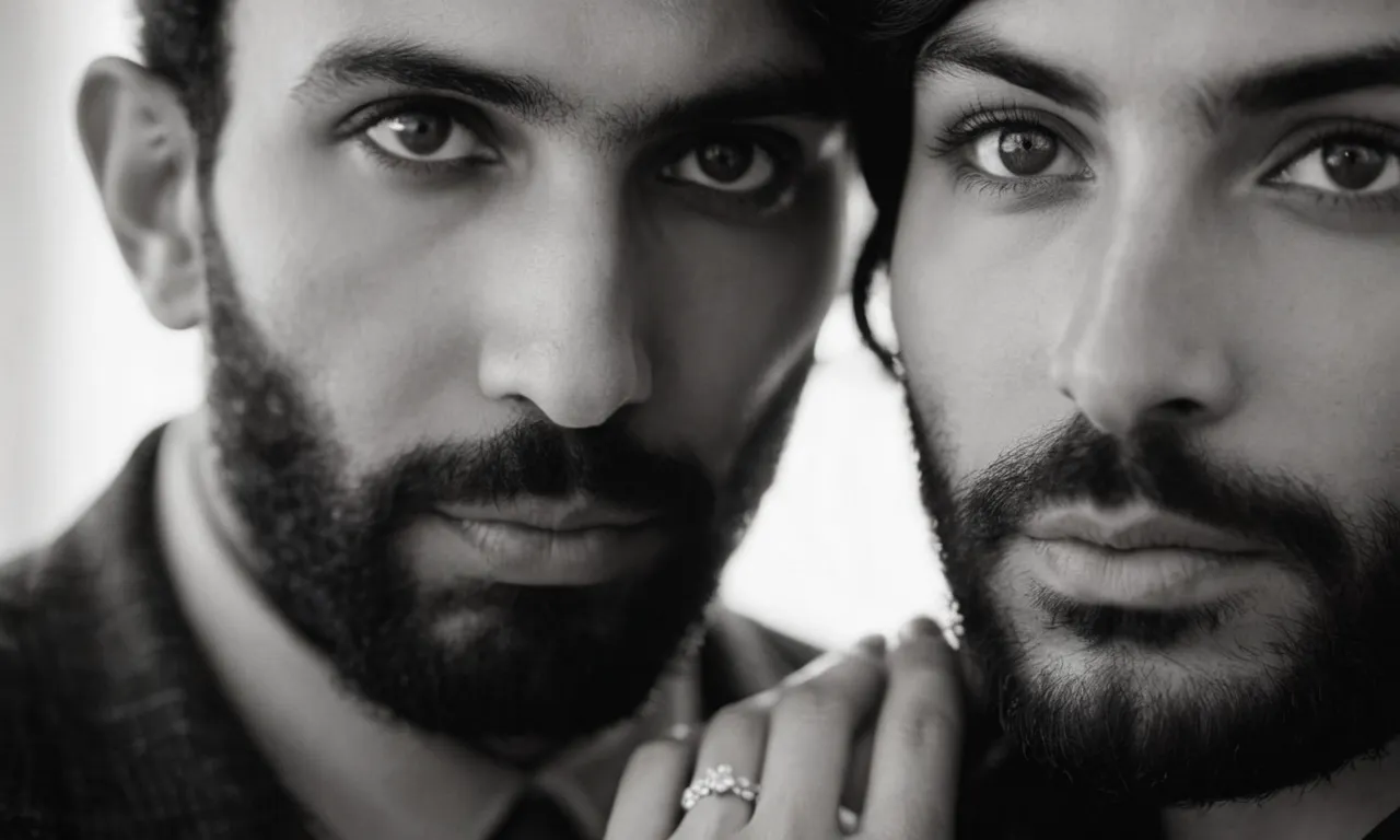 A black and white portrait capturing the soulful connection between a man and woman, their eyes reflecting the divine spark within, questioning why God fashioned them in his own likeness.