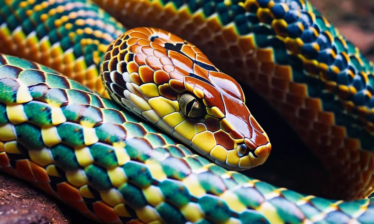 A stunning photograph capturing the intricate patterns on a coiled snake's skin, juxtaposed against a vibrant background, inviting contemplation on the divine purpose behind the creation of these enigmatic creatures.