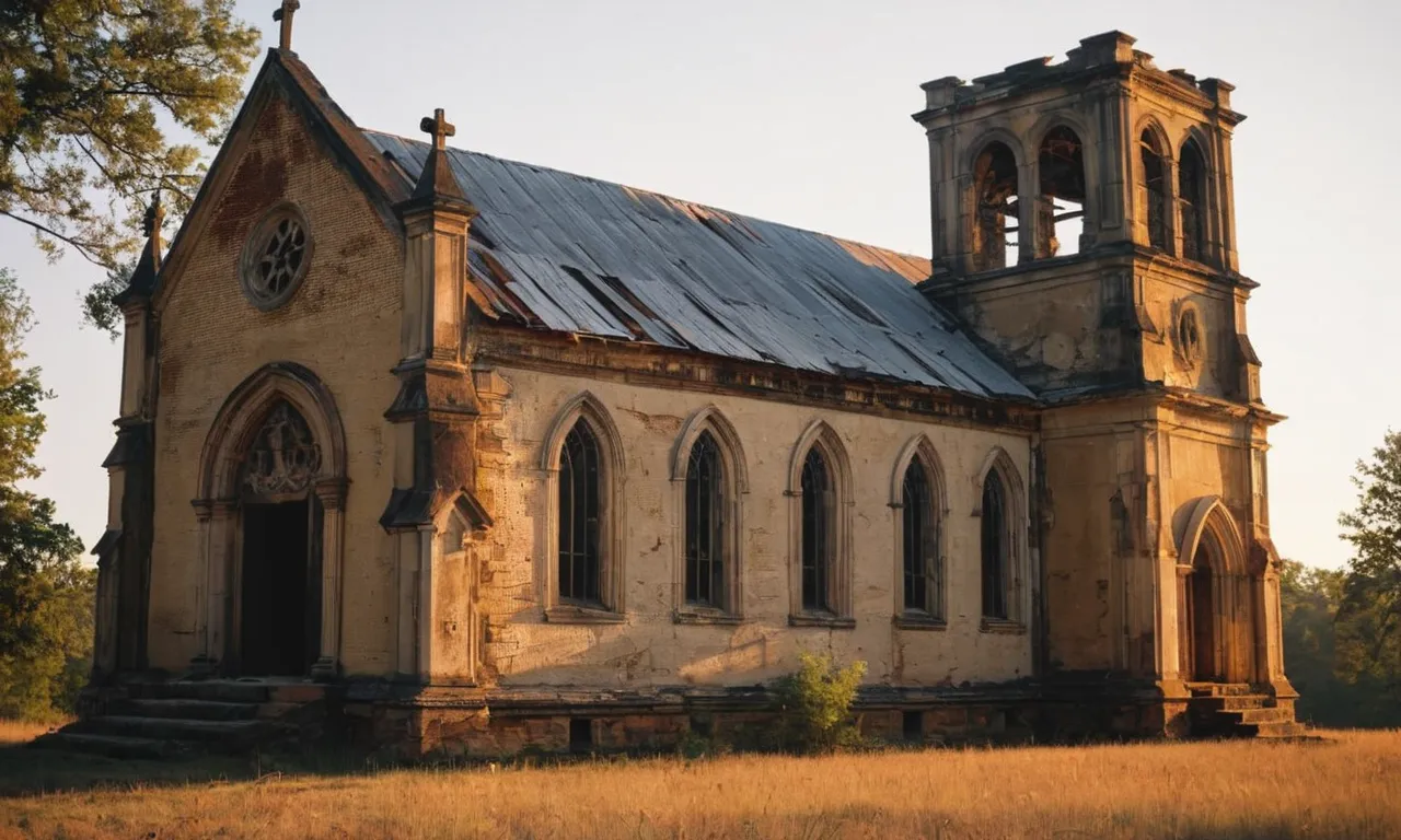 A hauntingly beautiful image of a dilapidated church in Shiloh, its crumbling walls bathed in golden evening light, evoking the mystery behind God's decision to destroy it.
