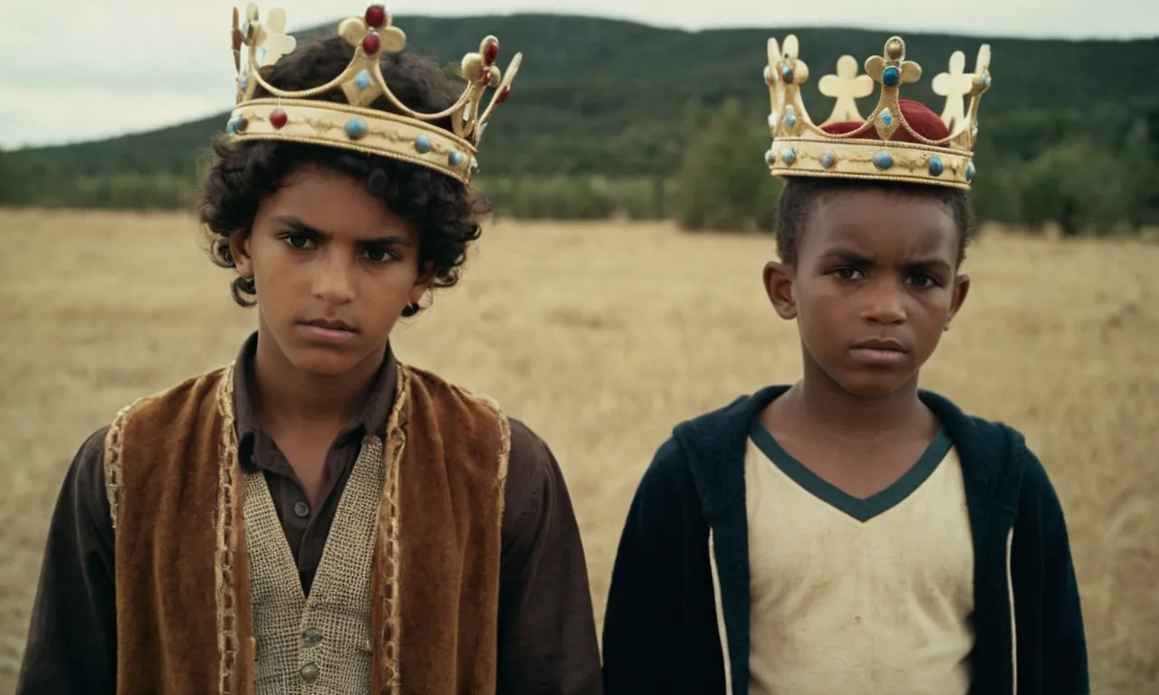 A photo depicting two brothers standing side by side, one with a crown on his head symbolizing Jacob, while the other holds a broken heart, representing Esau's sense of loss and questioning God's favoritism.