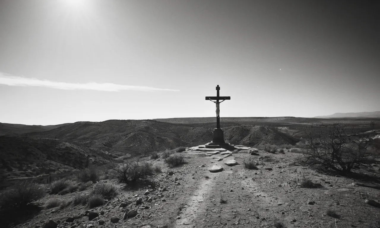 A haunting black and white image captures a lone figure standing in a desolate landscape, their outstretched arms reaching towards the heavens, questioning why God abandoned Jesus on the cross.