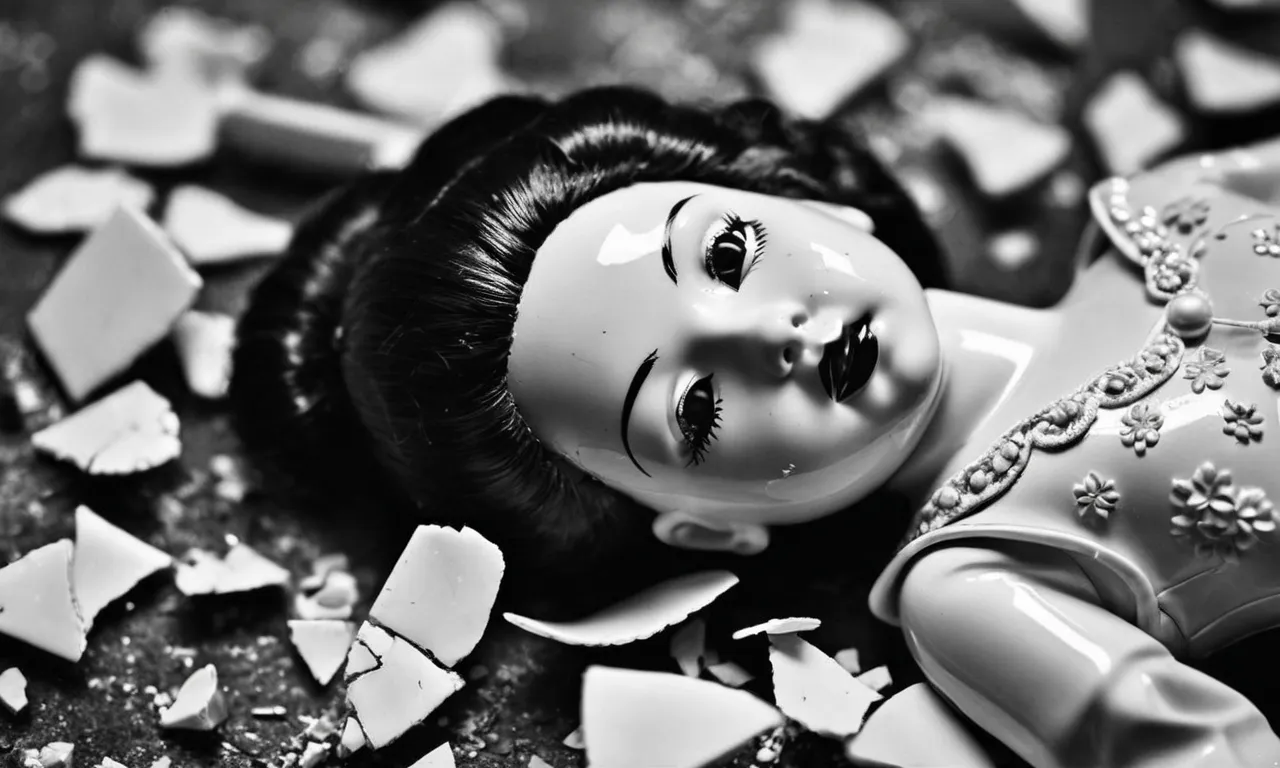 A poignant black-and-white close-up of a broken porcelain doll, surrounded by shattered fragments, symbolizing the pain and questioning arising from the haunting question, "Why did God give me abusive parents?"