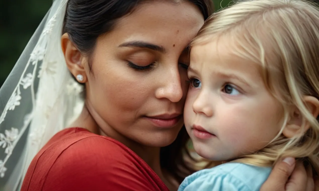 A photo capturing a tender moment between a mother and child, their tear-filled eyes reflecting unconditional love, prompting the question, "Why did God gift us with such powerful emotions?"