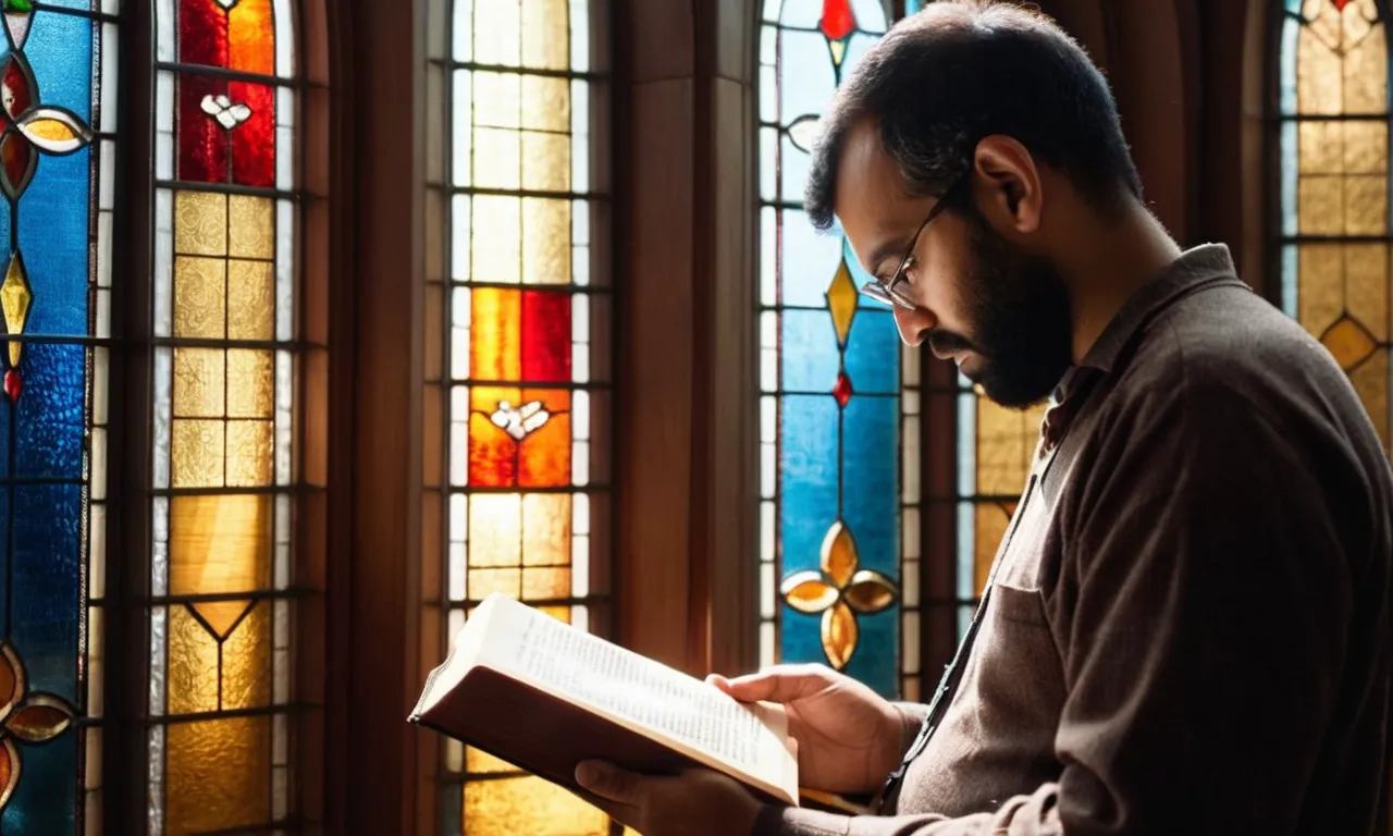 A photo capturing a person engrossed in reading the Bible, surrounded by rays of sunlight streaming through a stained glass window, reflecting the divine wisdom and guidance bestowed upon humanity.