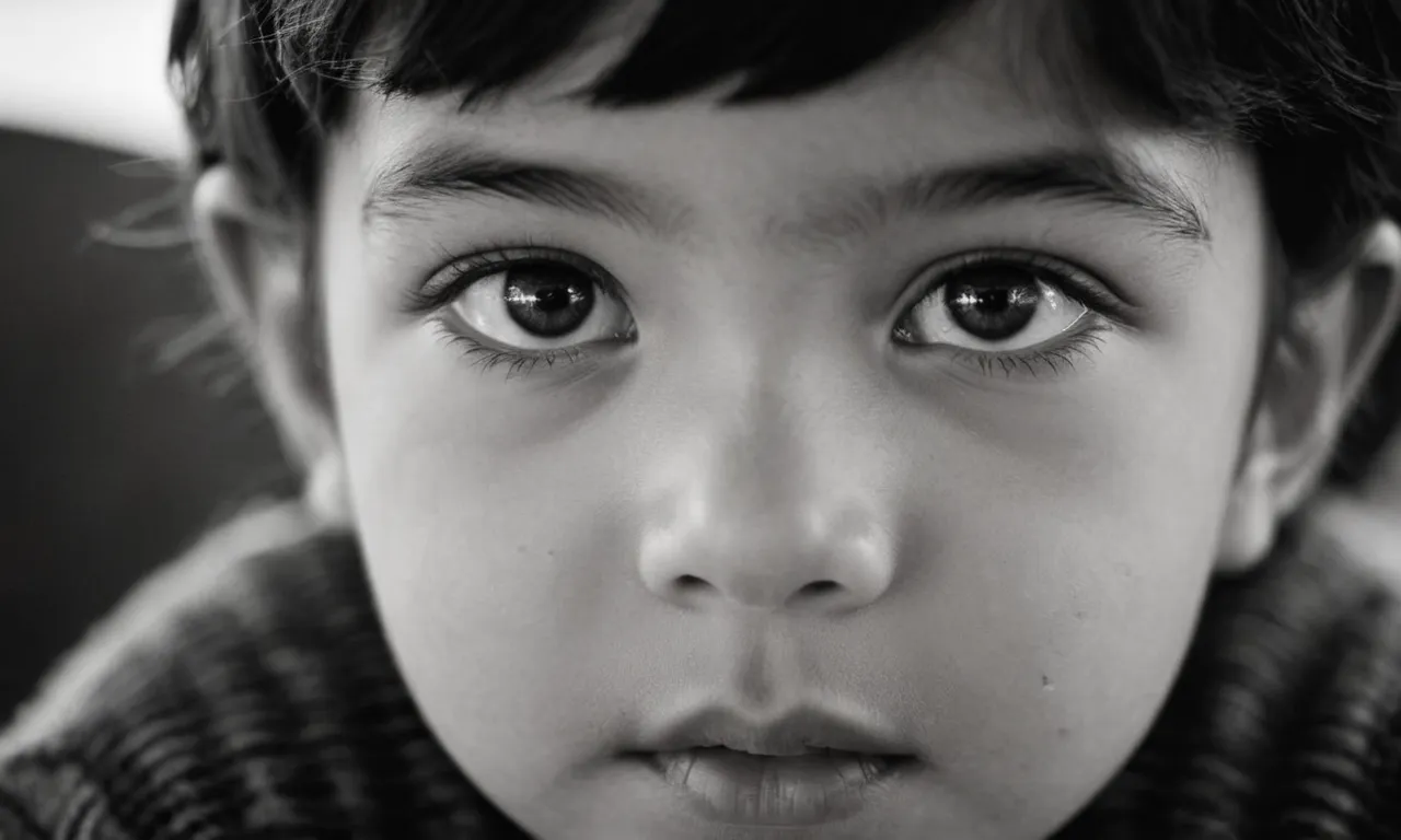 A black and white close-up portrait capturing the contemplative eyes of a young child, their innocence and curiosity echoing the question "Why did God make me?"