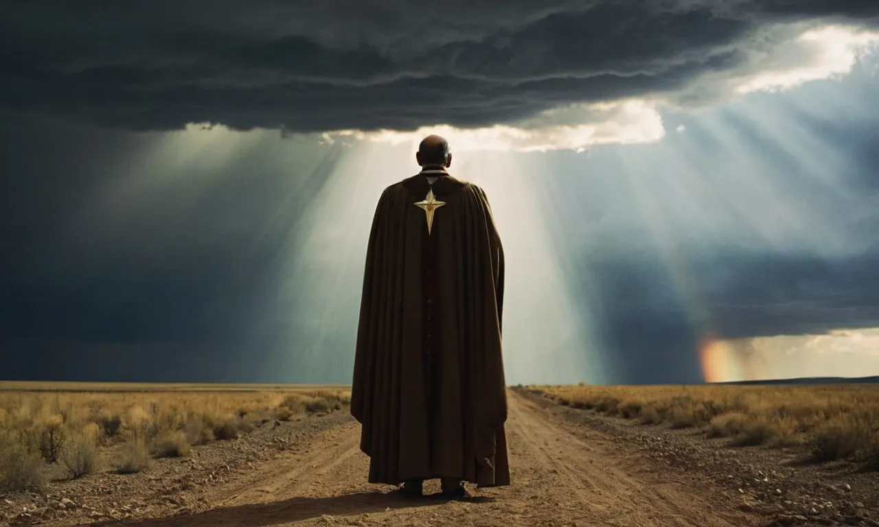 A somber Saul stands alone, his eyes filled with despair, as rays of light break through dark clouds, symbolizing God's rejection and the weight of his consequences.