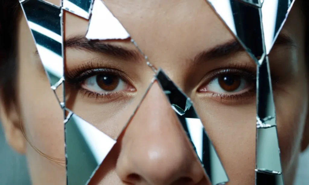 A close-up photo of a shattered mirror, reflecting a person's face divided into pieces, symbolizing the emotional turmoil caused by a narcissist's presence.
