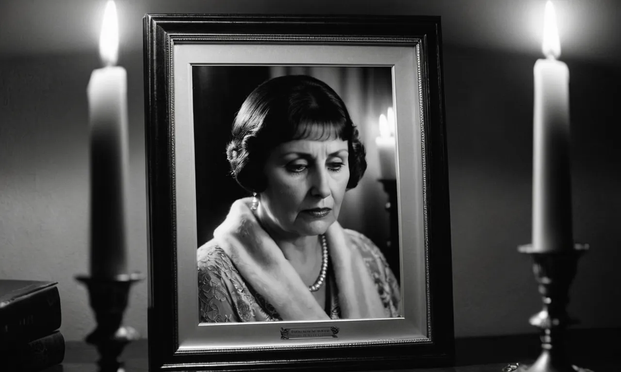 A black and white photograph capturing a grieving mother, her tear-streaked face illuminated by candlelight as she clutches a framed picture of her departed son, questioning the divine purpose behind his untimely departure.