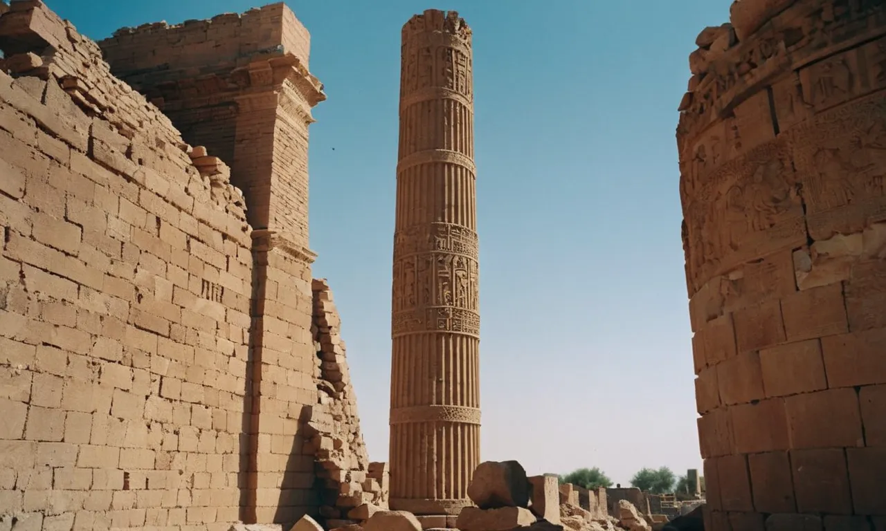 The photo captures a crumbling ancient pillar standing tall amidst the ruins of Babylon, symbolizing the divine mystery behind God's choice in using the Babylonians to punish Judah.