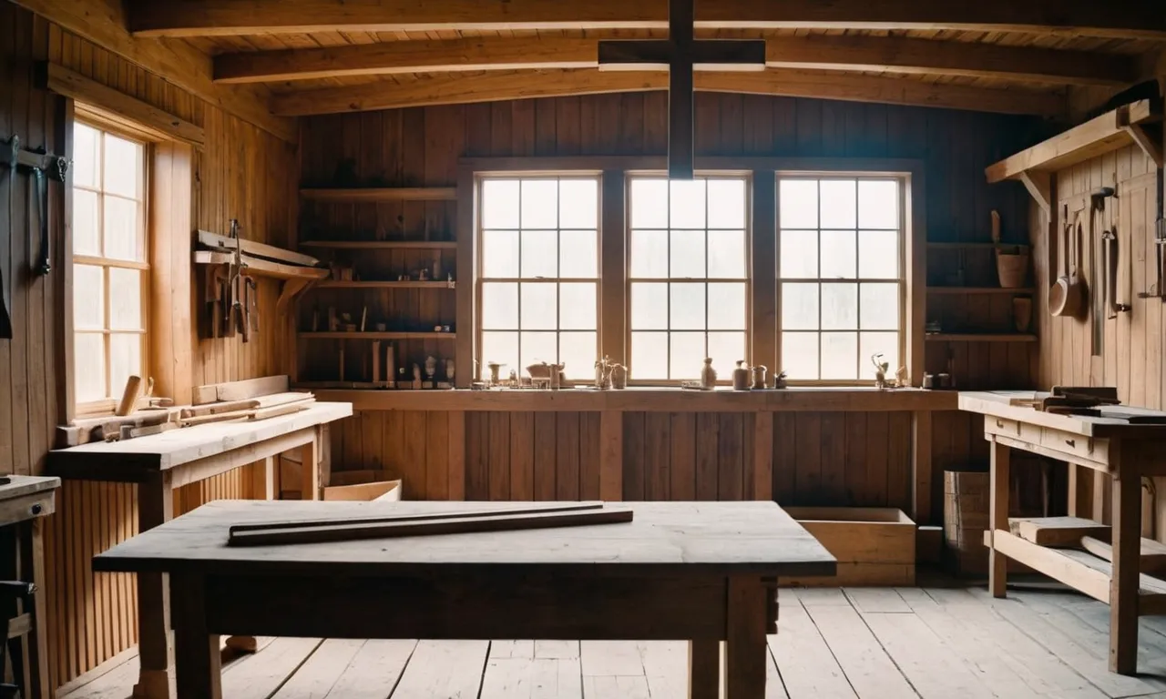 The photo captures a humble carpenter's workshop, bathed in warm light, with a wooden cross in the corner, symbolizing Jesus' choice to become human and fulfill his divine purpose.