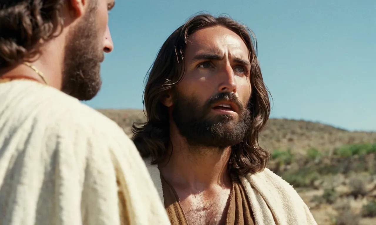A close-up photo capturing the perplexed expression on Peter's face as Jesus gently rebukes him, creating a thought-provoking image highlighting the complex dynamics of their relationship.