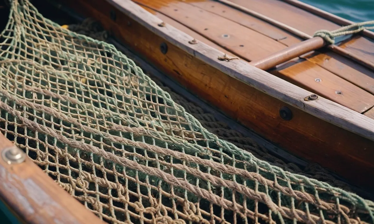 A close-up shot capturing a worn, weathered fishing net resting on a wooden boat, symbolizing Peter's transformation from a fisherman to a disciple of Jesus.
