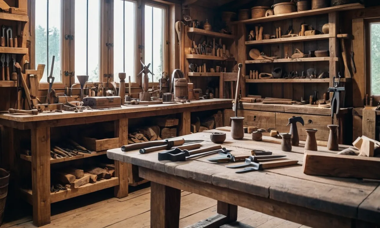A captivating photo of a humble carpenter's workshop, depicting Jesus surrounded by tools, symbolizing his purpose on earth to serve and save humanity through his life and sacrifice.