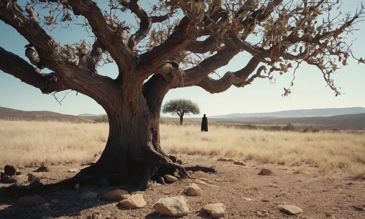 A photo capturing a withered fig tree, symbolizing Jesus' curse, while Joseph Prince delivers a sermon, exploring the theological significance and implications of this biblical event.
