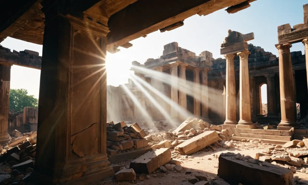 A photo depicting a broken temple wall, with rays of sunlight piercing through the debris, symbolizing the destruction caused by Jesus and the profound significance of his actions.
