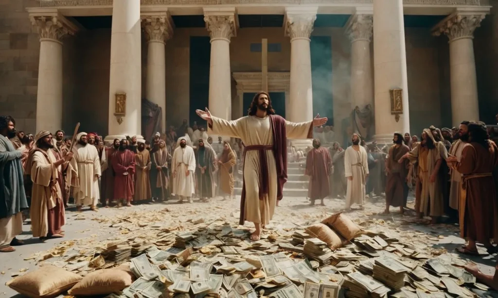 A powerful image captures Jesus standing amidst a chaotic scene, flipping tables with righteous anger, as money scatters and merchants scramble, illustrating his pursuit of justice and cleansing of the temple.