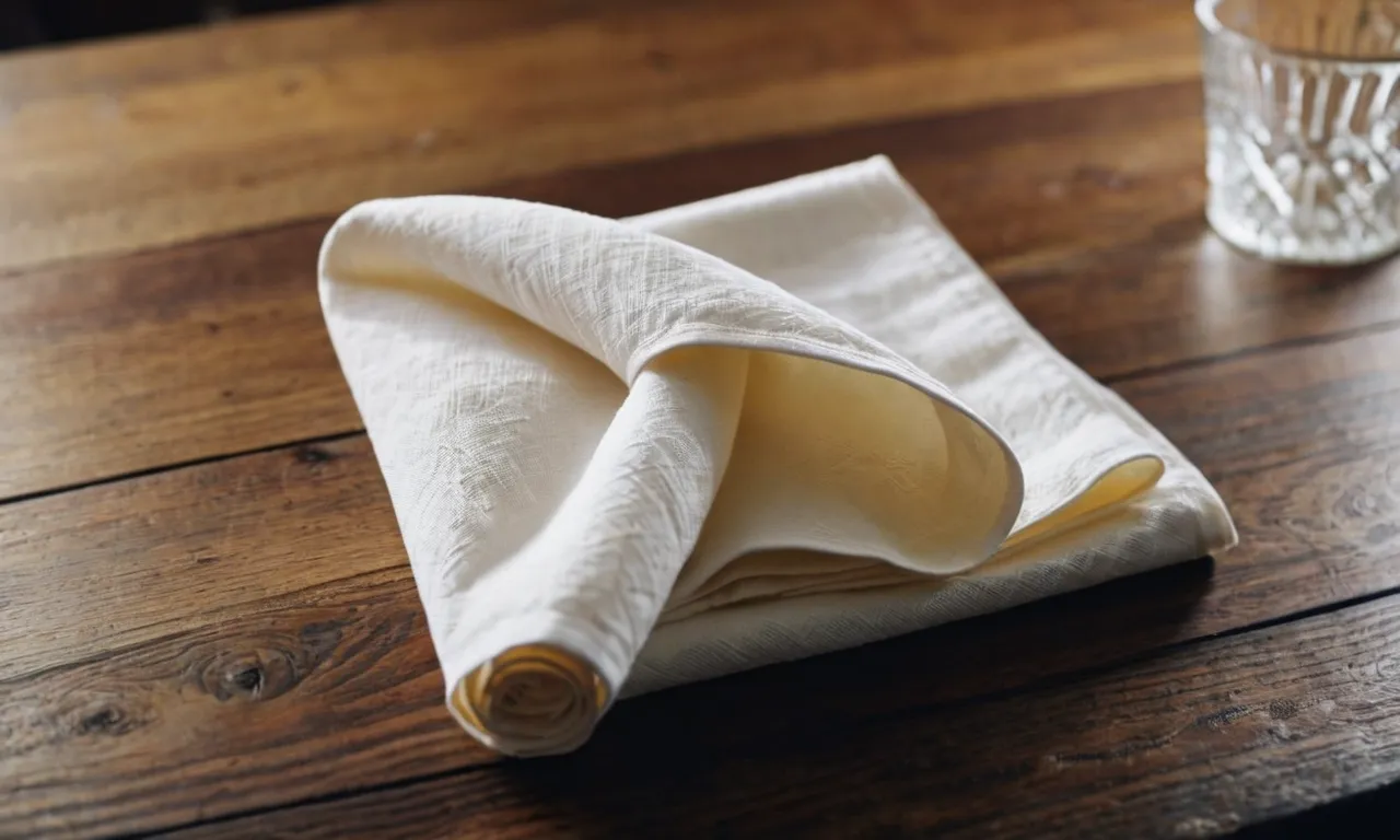 A close-up shot of a neatly folded white napkin, placed on a rustic wooden table, evoking curiosity and inviting viewers to ponder the significance behind Jesus' action.