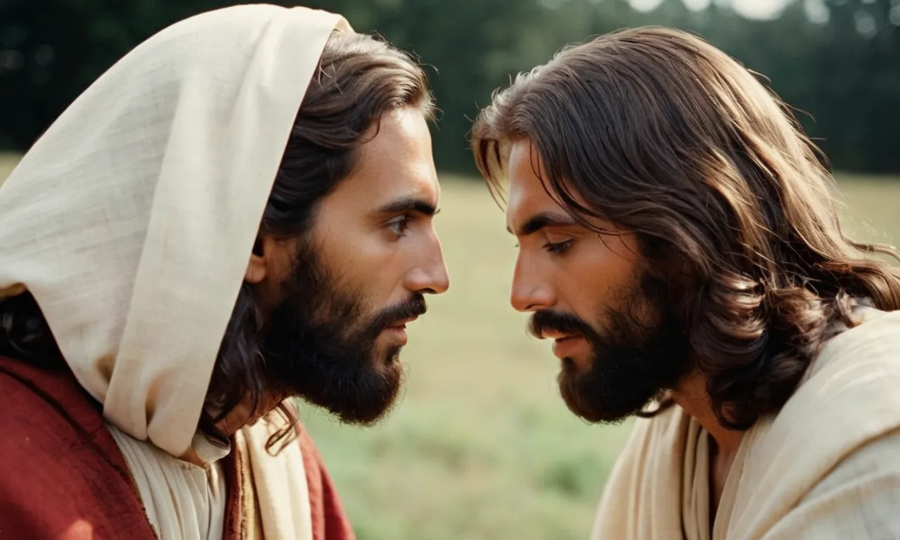 A photo capturing Jesus and John sharing a moment of profound connection, their eyes locked in mutual affection, reflecting the depth of their bond and the love that Jesus had for John.