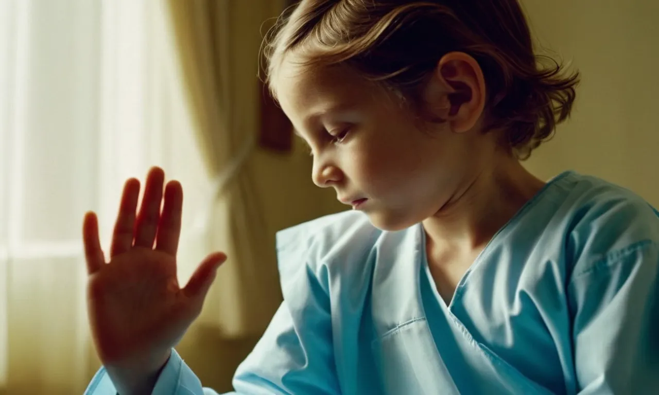 In the photograph, a poignant scene captures little James, his frail figure adorned in a hospital gown, his eyes filled with hope, as his outstretched hand reaches towards a vivid beam of light, symbolizing the unanswered question of why Jesus did not hea