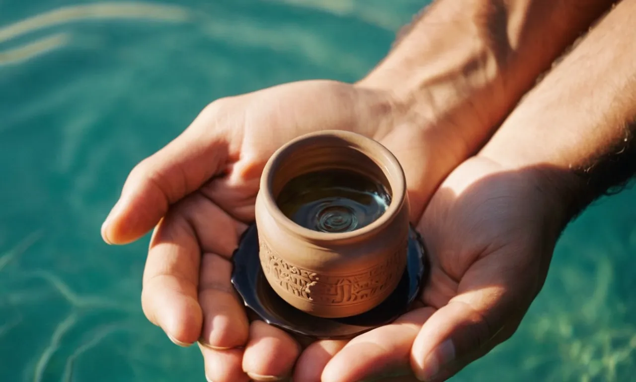 A close-up photo of a man's hands, gently holding a small clay jar filled with water, symbolizing Jesus' miraculous ability to transform and bring life to the ordinary.