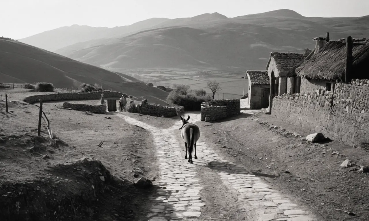 A captivating black and white photograph depicting a worn path leading to a small village, with a lone donkey standing peacefully, symbolizing the humility and simplicity of Jesus' choice for his triumphant entry into Jer