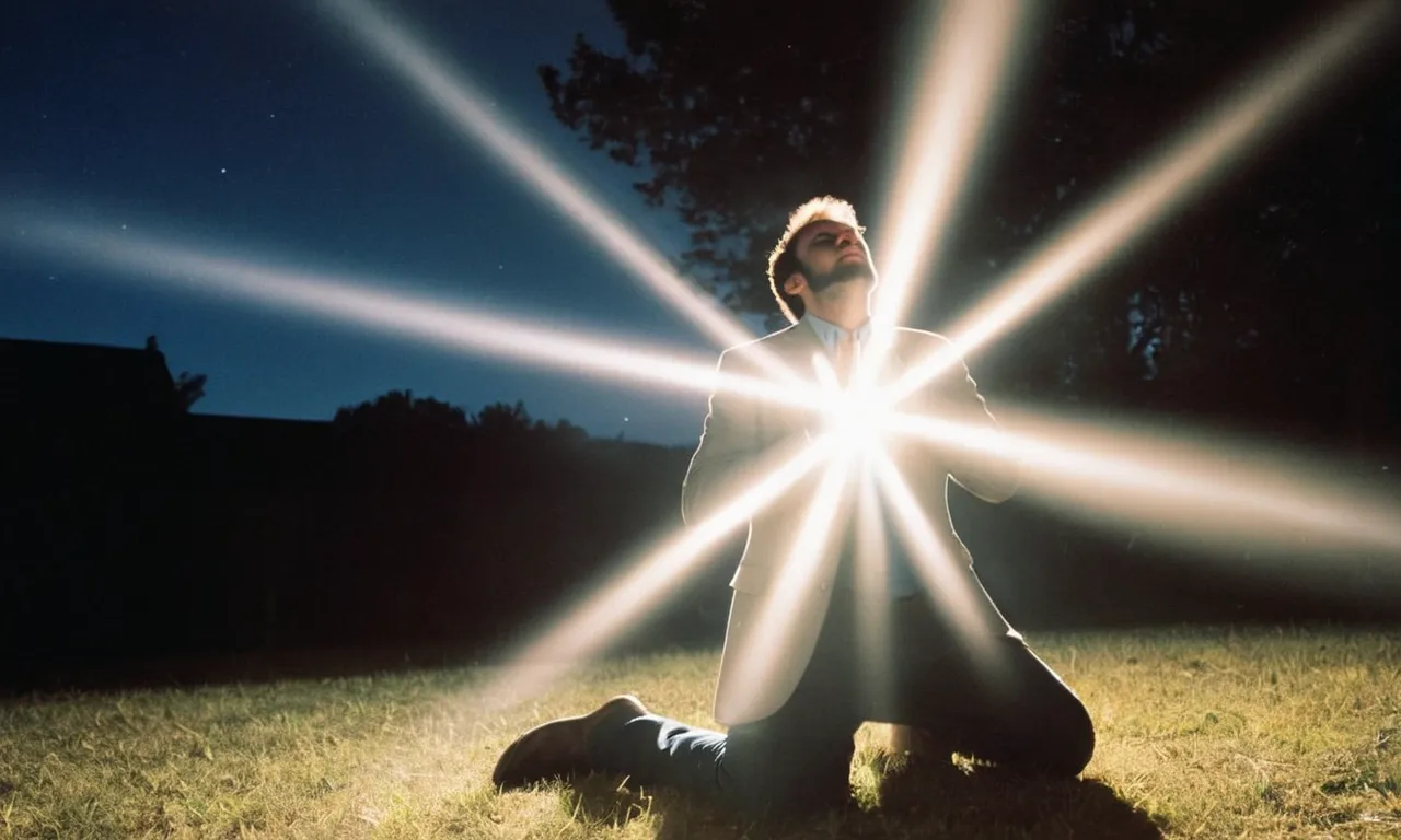 A photo captures Paul on his knees, surrounded by a ray of light, looking up to the heavens, symbolizing his profound spiritual transformation and conversion to Christianity.