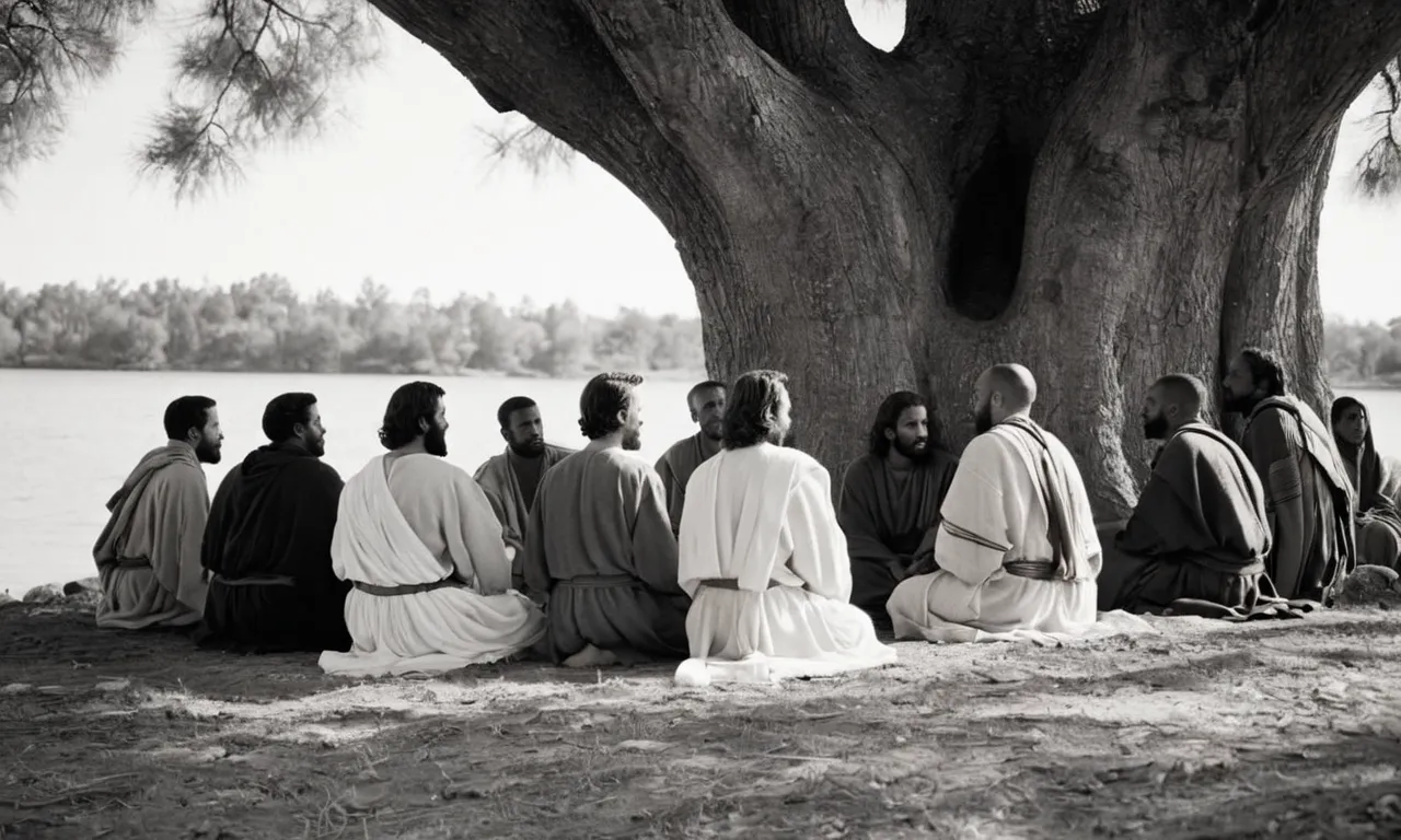 A black and white photo of Jesus sitting serenely under a tree, surrounded by his disciples who look curious and eager, as they listen intently to his teachings on prayer.