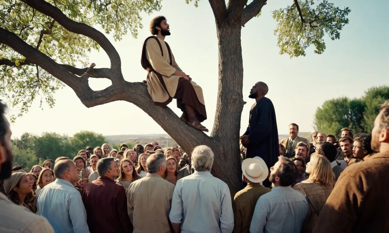 A photo capturing Zacchaeus perched atop a tree, eagerly gazing at a crowd gathered around Jesus, his eyes filled with curiosity and longing to catch a glimpse of the man who could bring him salvation.