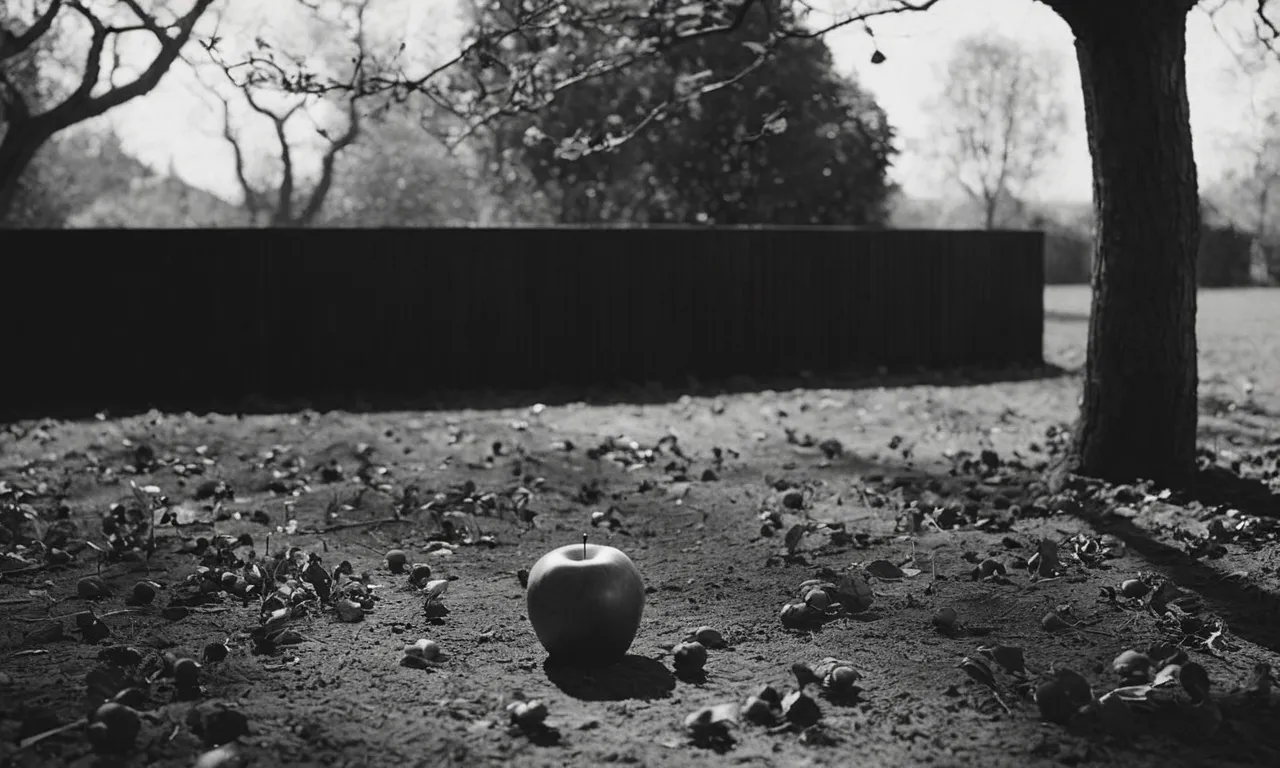 A black and white photograph captures a desolate garden, with a solitary apple lying on the ground, symbolizing the weight of Adam and Eve's decision and the absence of divine forgiveness.