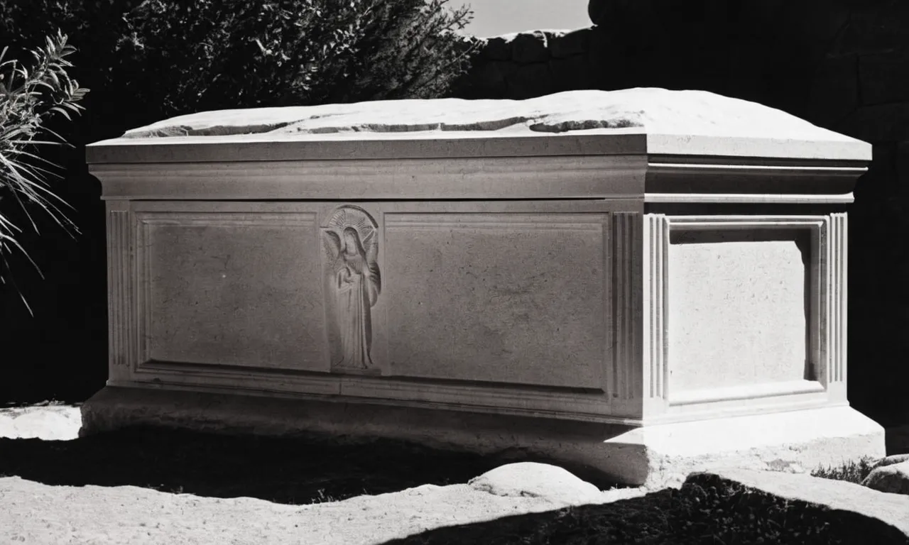 A black and white photo captures an empty tomb, bathed in soft light, symbolizing Mary's absence, leaving viewers questioning why she didn't visit the resting place of her beloved son, Jesus.