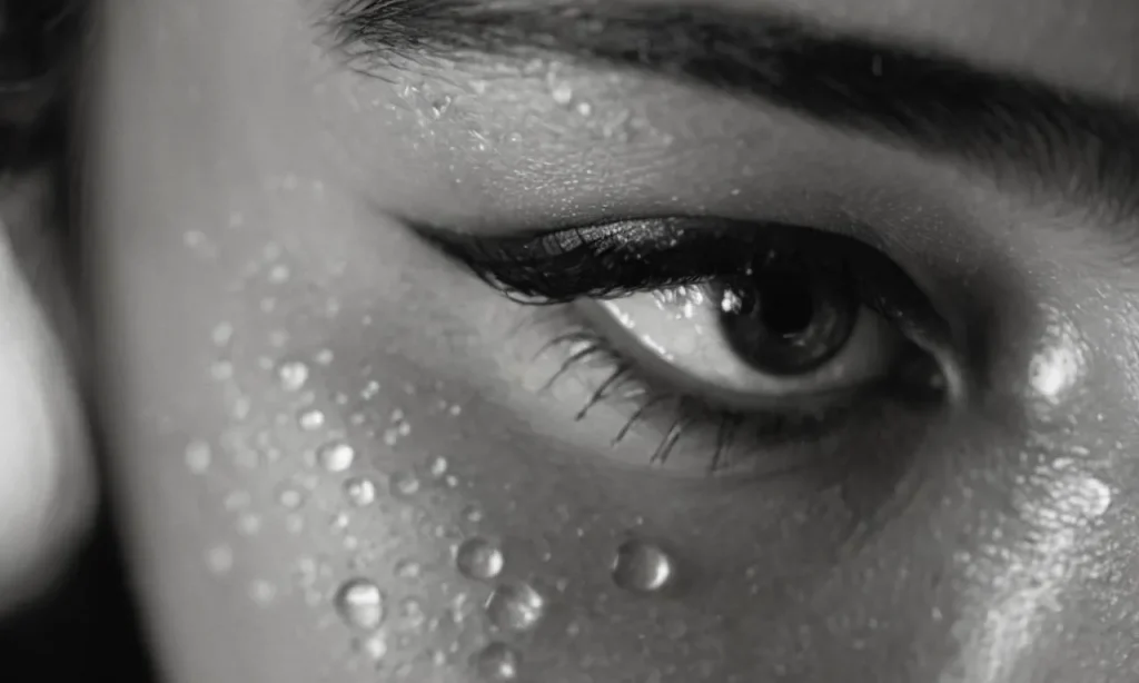 A black and white close-up of a teardrop rolling down a person's cheek, capturing the vulnerability and spiritual depth experienced when contemplating the divine presence.