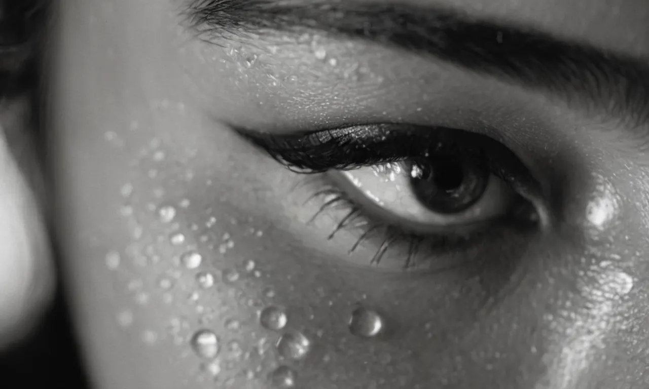A black and white close-up of a teardrop rolling down a person's cheek, capturing the vulnerability and spiritual depth experienced when contemplating the divine presence.
