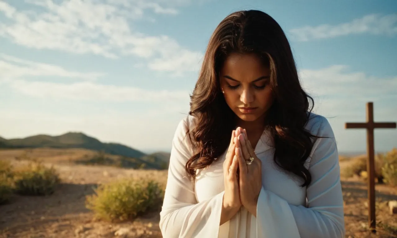 A photo of a devout worshipper, eyes closed and hands clasped in prayer, kneeling before a cross, capturing the essence of the phrase "In Jesus' name, Amen."