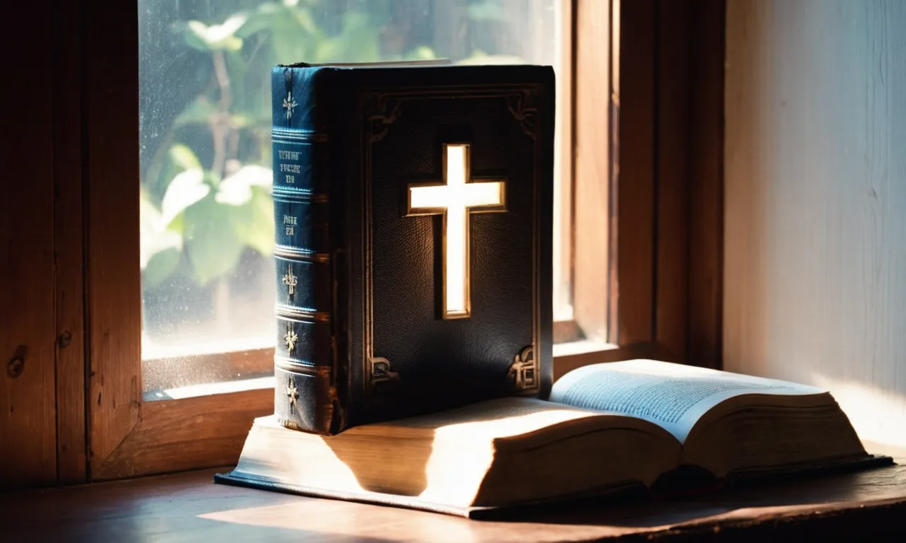 A dimly lit room with a beam of sunlight piercing through a window, illuminating a dusty Bible, symbolizing the search for truth amidst the darkness of doubt.