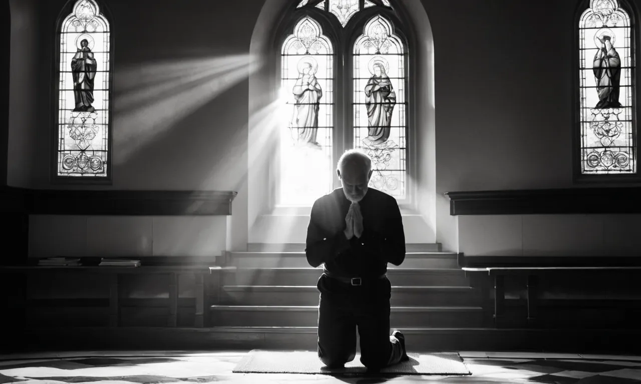 A black and white photo capturing a solitary figure kneeling in prayer, bathed in ethereal light streaming through a stained-glass window, symbolizing the eternal question of divine selection.
