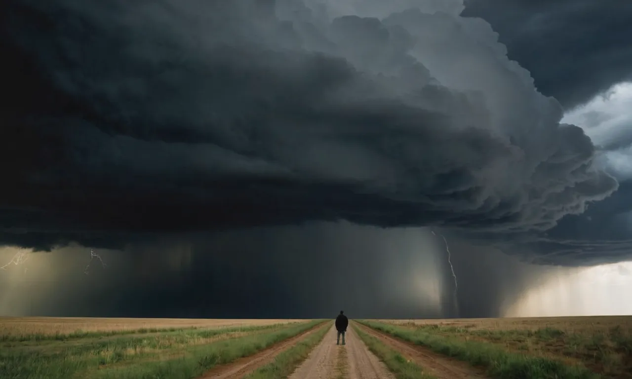 A captivating photograph capturing a solitary figure standing beneath a dark storm cloud, symbolizing the question "why does God give some more trials than others?"