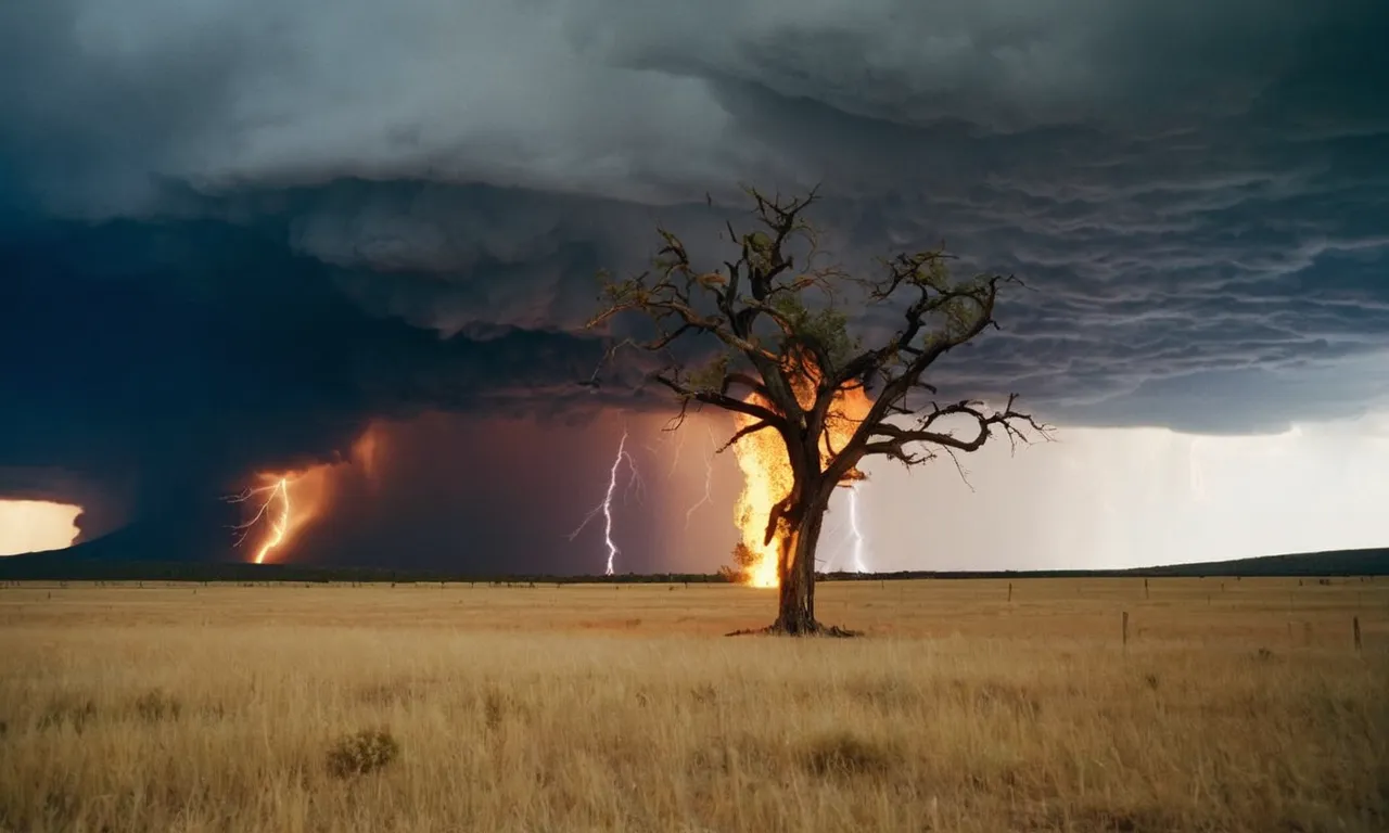 A powerful image capturing a desolate landscape, where a bolt of lightning strikes a solitary tree engulfed in flames, symbolizing God's wrath towards the destructive nature of sin.