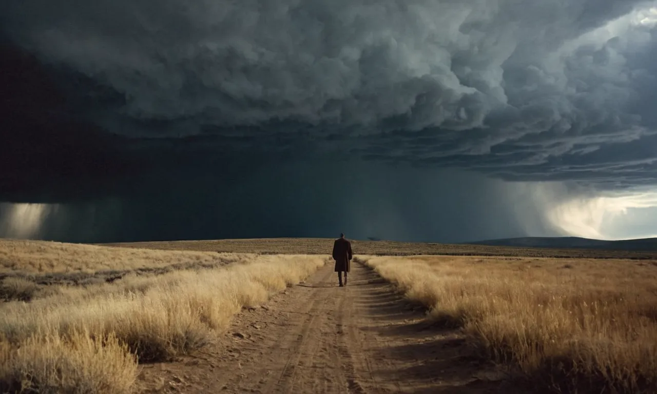 A solemn figure stands alone in a desolate landscape, bathed in ethereal light, as storm clouds gather overhead, reflecting the isolation and questioning of one's connection to God.
