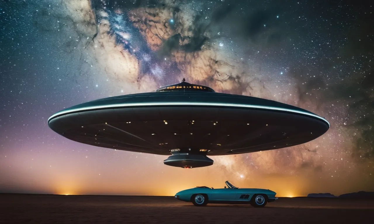 A captivating photo captures a vast, star-studded sky, while a small, solitary starship sits illuminated in the foreground, prompting contemplation on the connection between higher powers and the mysteries of the universe.