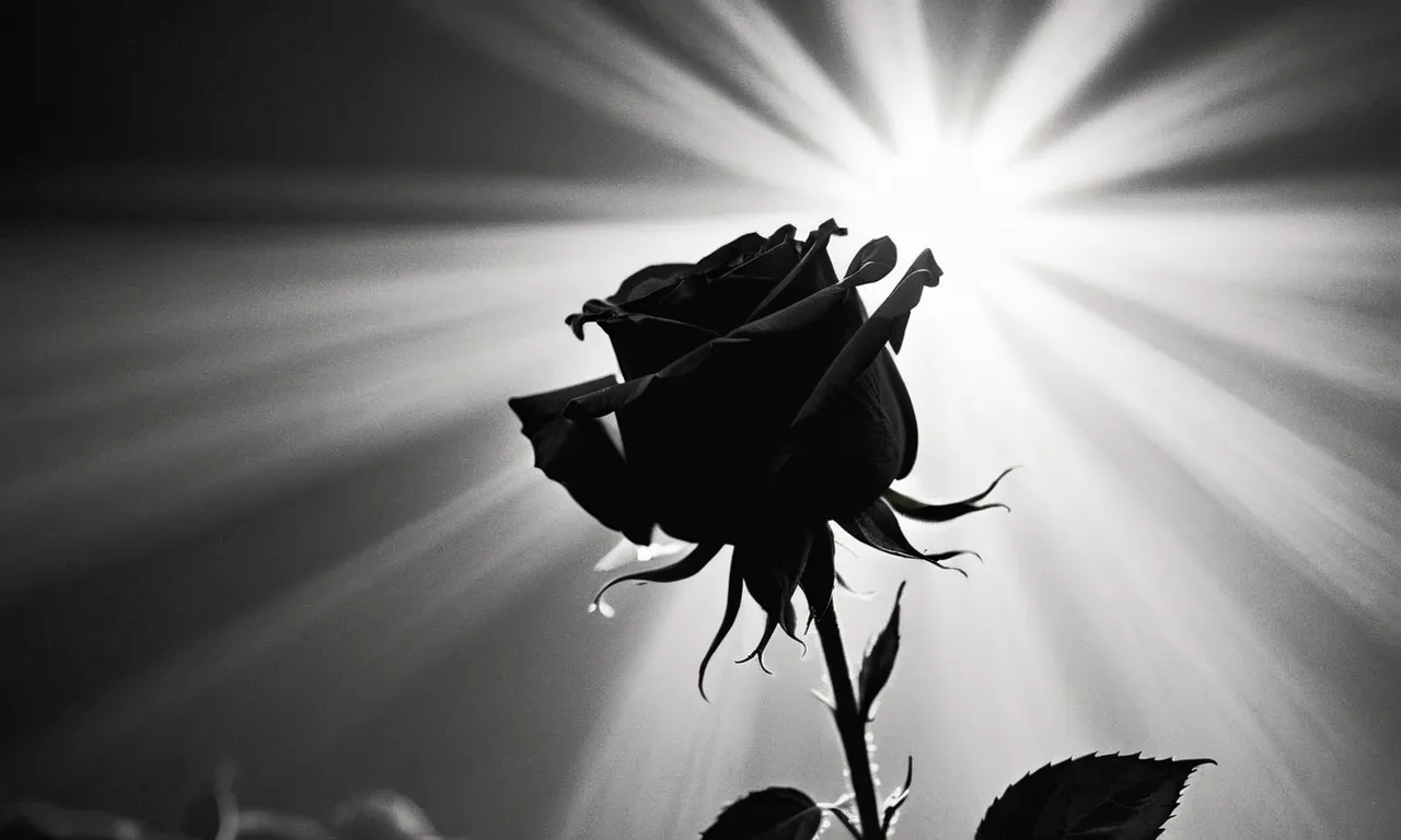 A somber black-and-white image captures a lone rose, wilting in a ray of light, symbolizing the unanswered question of why God seemingly chooses to take the best souls before their time.