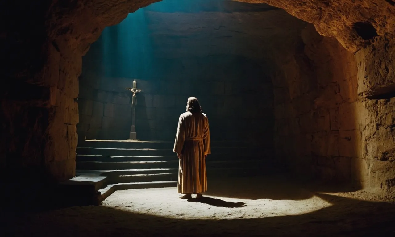 A photograph capturing a dimly lit underground chamber, with a solitary figure standing amidst the shadows, symbolizing Jesus' descent into hell as stated in the Apostles' Creed.