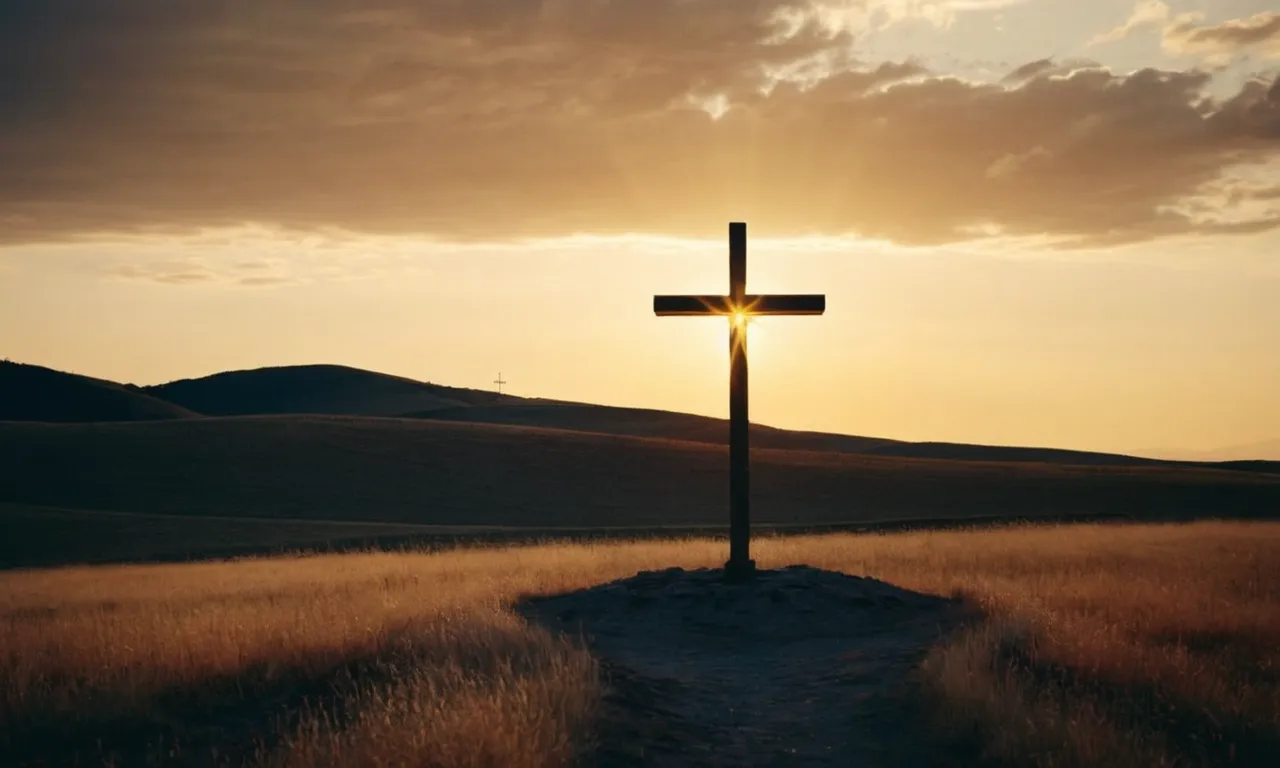 The photo showcases a serene sunset casting a golden glow over a solitary cross, symbolizing the eternal struggle between good and evil, making one question why God tolerates the presence of the devil.