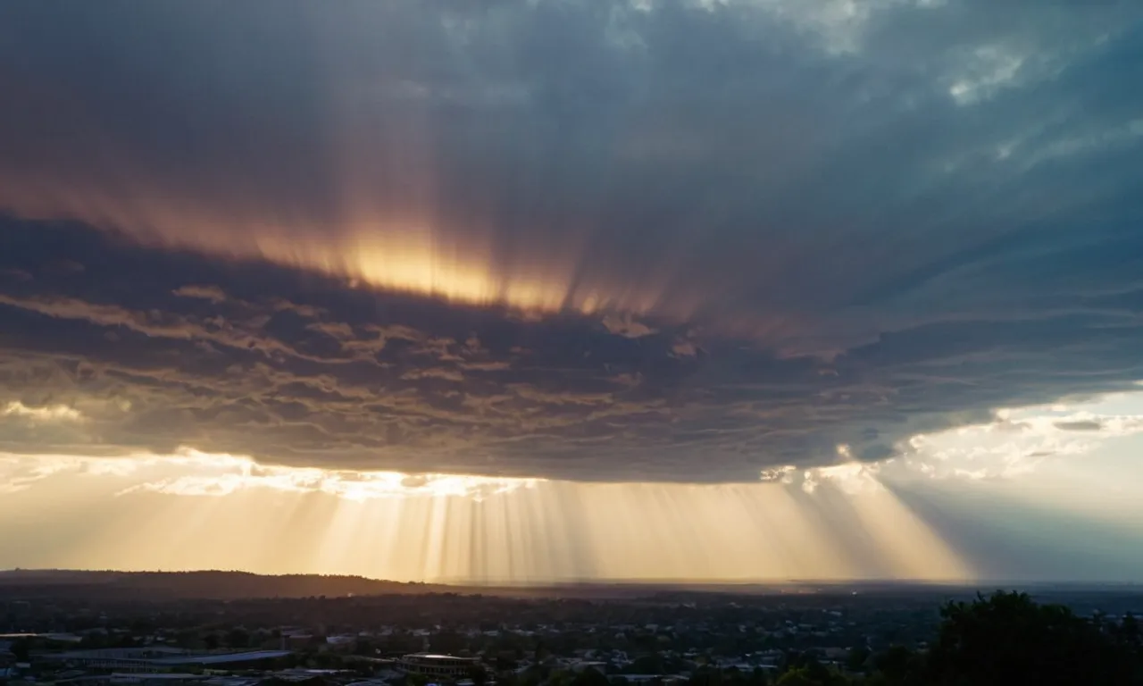 The photograph captures a radiant sunrise casting ethereal rays through dense clouds, symbolizing mankind's eternal quest for divine revelation, questioning why God remains concealed.