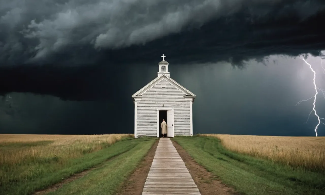 The photo captures a solitary figure standing under a stormy sky, their outstretched hand reaching towards a closed door, symbolizing the unanswered question of why God allows rejection.