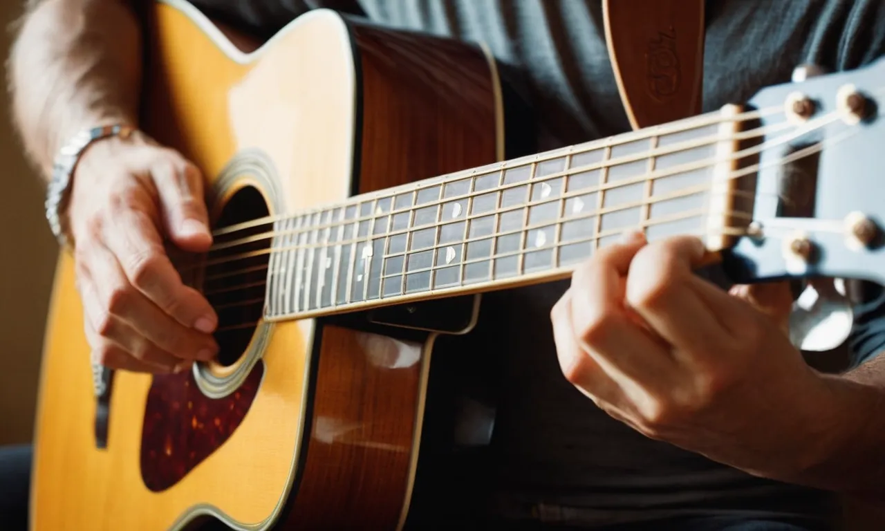 A photo capturing hands gracefully strumming a guitar, bathed in a warm ethereal light, symbolizing the spiritual connection and transcendence found through music and the chords that resonate with the divine.