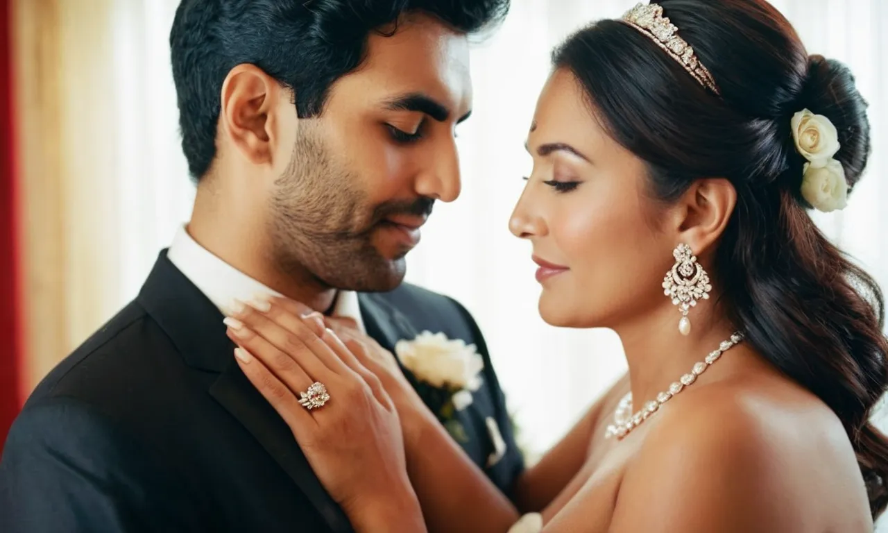 A photo capturing a tender moment between a husband and wife, where the wife's gentle touch and adoring gaze reflect the deep respect she holds for her husband, echoing the divine intention of a harmonious marital bond.