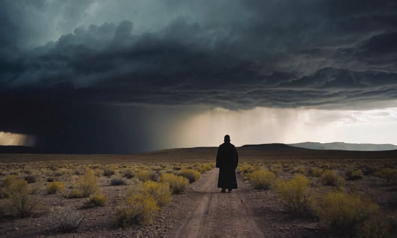 A desolate figure stands alone in a barren landscape, their silhouette engulfed in darkness as storm clouds loom above, capturing the essence of "why has God abandoned me."